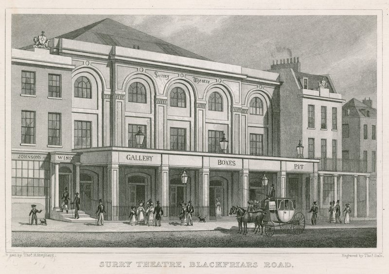 Surrey Theatre, Blackfriars Road, London (gravyr) av Thomas Hosmer Shepherd