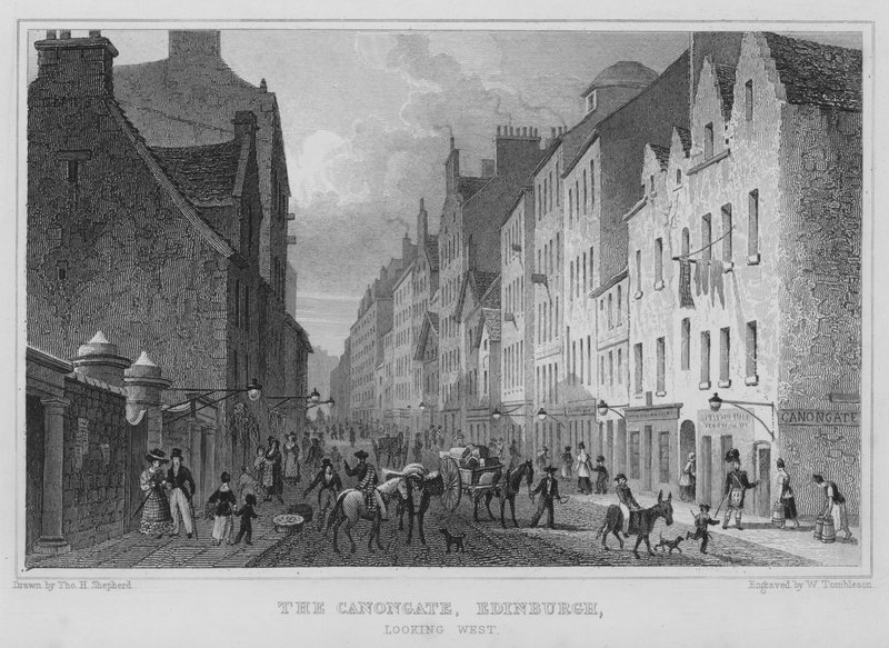 The Canongate, Edinburgh, ser västerut (gravyr) av Thomas Hosmer Shepherd