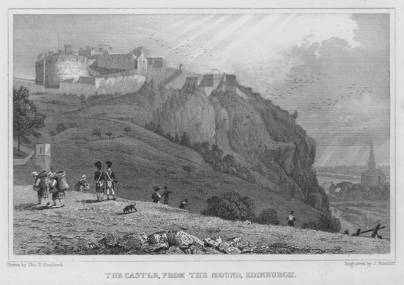 Slottet, från Mound, Edinburgh (gravyr) av Thomas Hosmer Shepherd