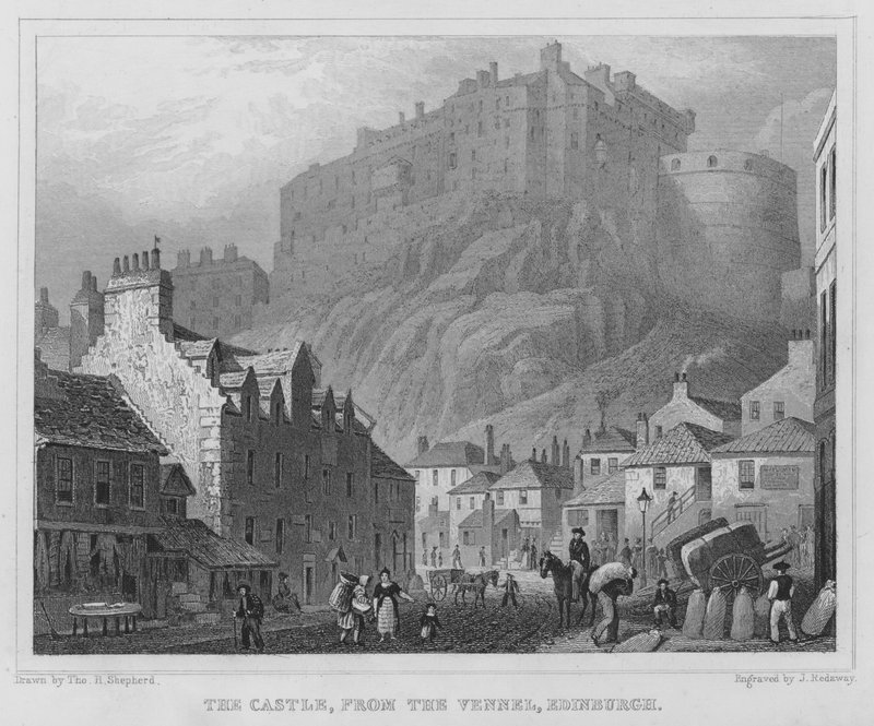 Slottet, från Vennel, Edinburgh (gravyr) av Thomas Hosmer Shepherd