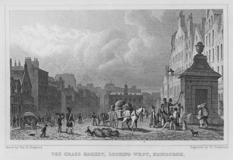 The Grass Market, tittar västerut, Edinburgh (gravyr) av Thomas Hosmer Shepherd