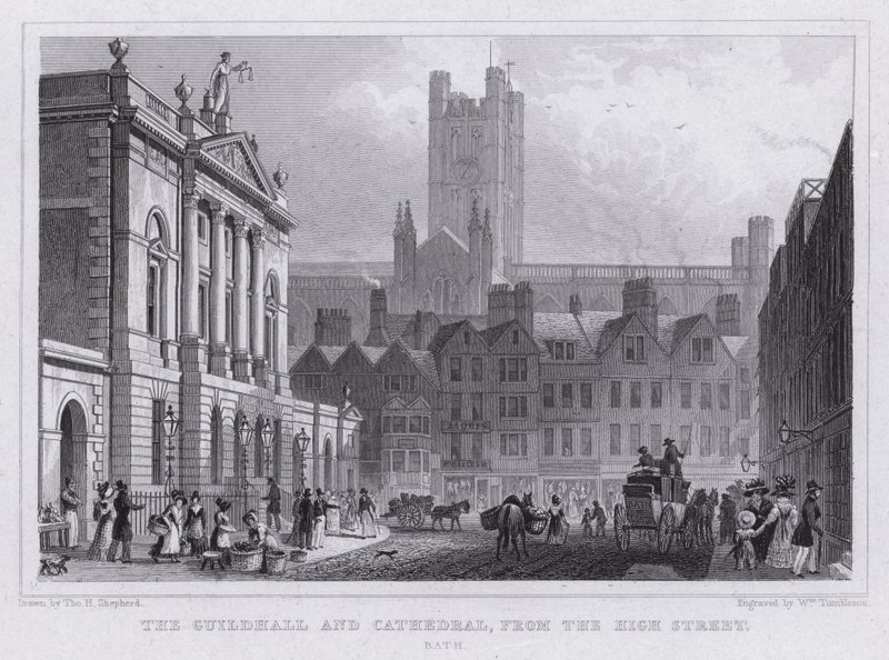 The Guildhall and Cathedral, från High Street, Bath (gravyr) av Thomas Hosmer Shepherd