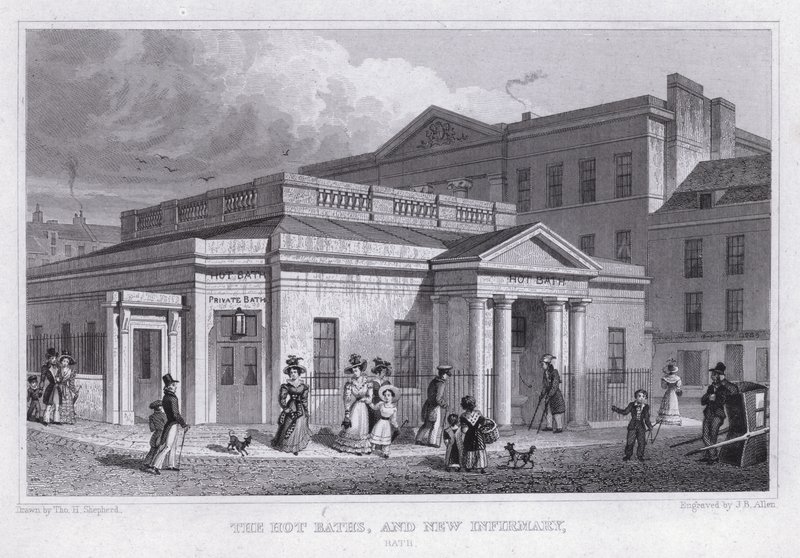 The Hot Baths och New Infirmary, Bath (gravyr) av Thomas Hosmer Shepherd
