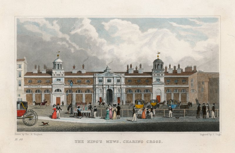 The Kings Mews, Charing Cross. Tillfälligt hem för Edward Cross Menagerie. av Thomas Hosmer Shepherd