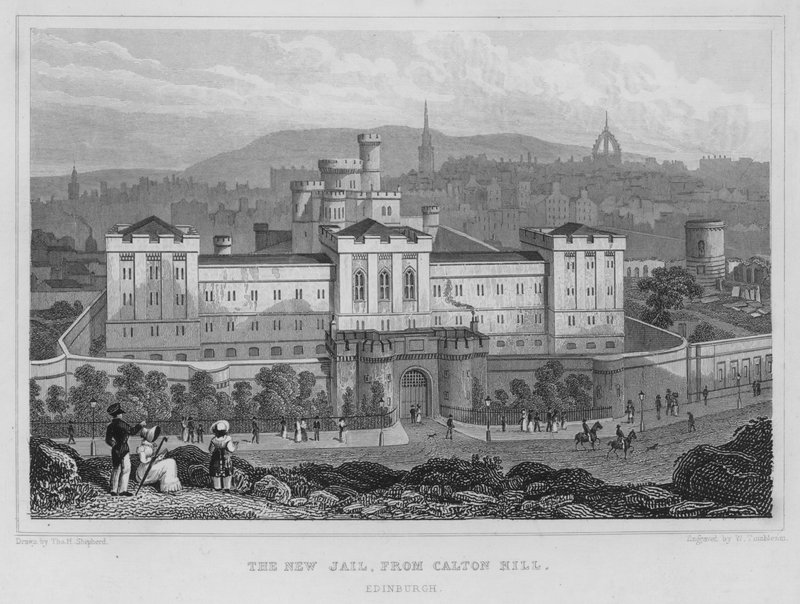 The New Jail, från Calton Hill, Edinburgh (gravyr) av Thomas Hosmer Shepherd