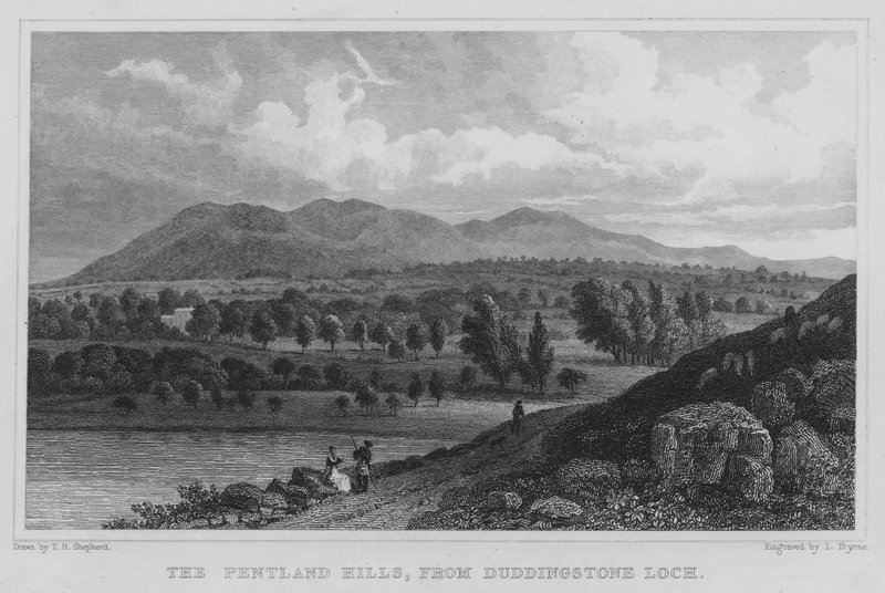 The Pentland Hills, från Duddingstone Loch (gravyr) av Thomas Hosmer Shepherd