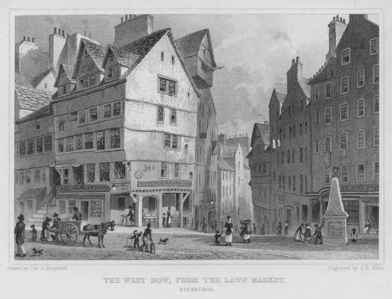 The West Bow, från Lawn Market, Edinburgh (gravyr) av Thomas Hosmer Shepherd