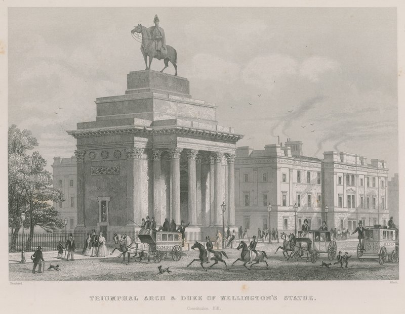 Triumfbågen och hertigen av Wellingtons staty, Constitution Hill, Hyde Park, London av Thomas Hosmer Shepherd