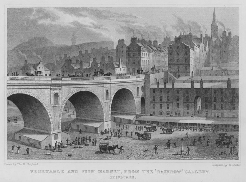 Grönsaks- och fiskmarknad, från Rainbow Gallery, Edinburgh (gravyr) av Thomas Hosmer Shepherd