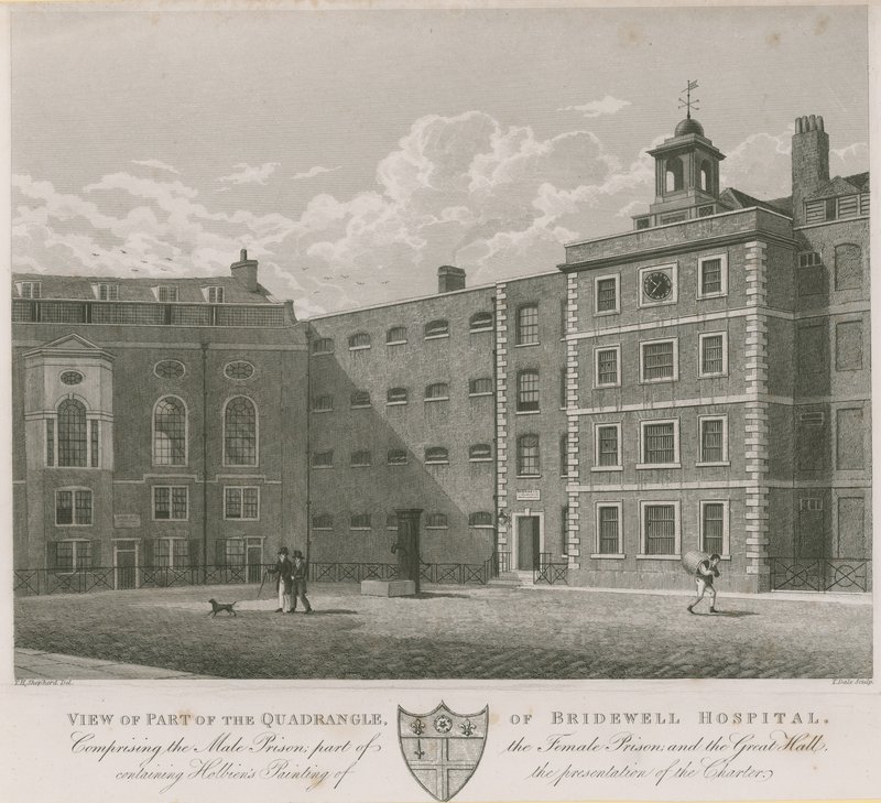 Vy över en del av fyrkanten av Bridewell Hospital av Thomas Hosmer Shepherd