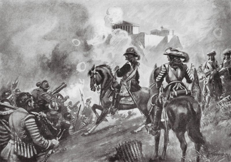 Francesco Morosini bombarderar Parthenon av Thomas Hutchison Peddie