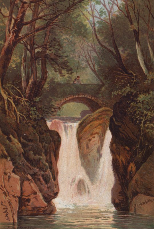 The English Lakes, Rydal Falls (färg litho) av Thomas Leeson the Elder Rowbotham