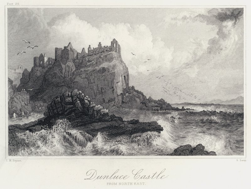 Dunluce Castle, från nordöstra (gravyr) av Thomas Mann (after) Baynes