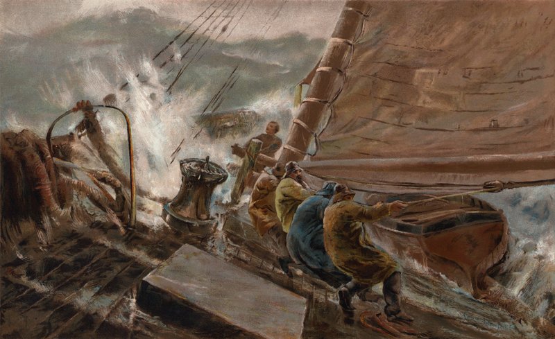 Ett ögonblick av fara (chromolitho) av Thomas Marie Madawaska (after) Hemy
