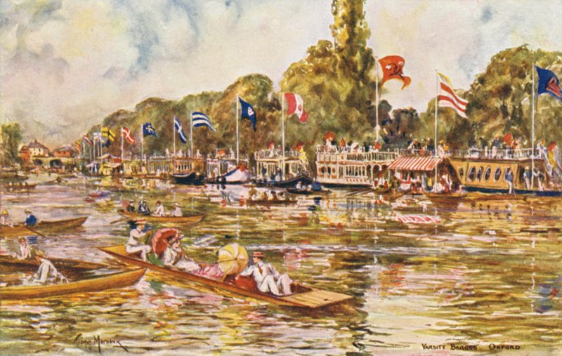 Floden Themsen: Varsity-pråmar, Oxford (färglitografi) av Thomas Maybank