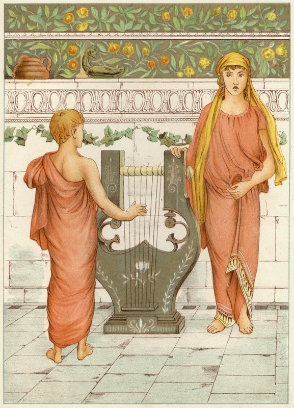 Perseus och musiklektionen (färg litho) av Thomas Ralph Spence