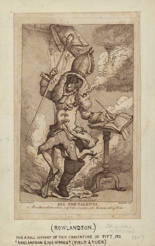 Karikatyr av William Pitt som en rökande get (stippstick) av Thomas Rowlandson
