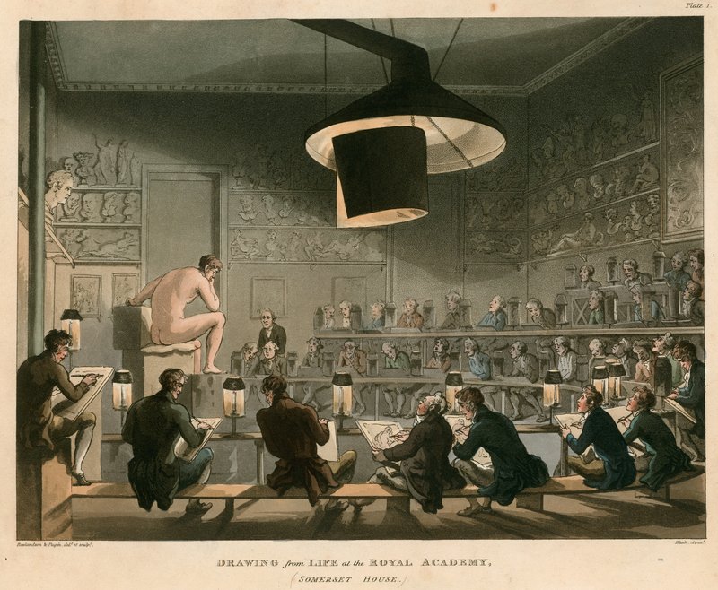 Teckning från livet på Royal Academy, Somerset House, Strand, London av Thomas Rowlandson