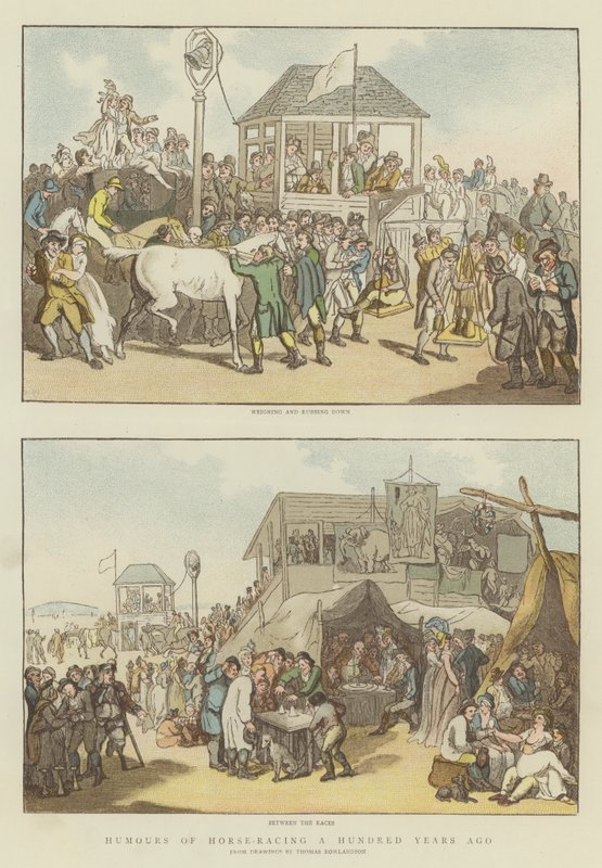 Hästkapplöpningens humör för hundra år sedan (kromolit) av Thomas Rowlandson