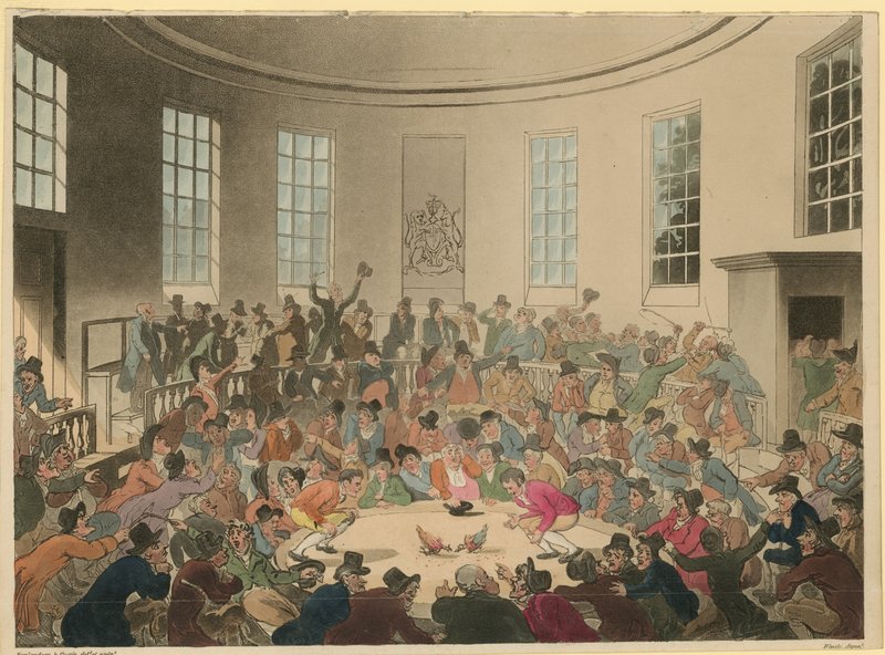 Illustration som visar en folkmassa som tittar på en tuppkamp av Thomas Rowlandson