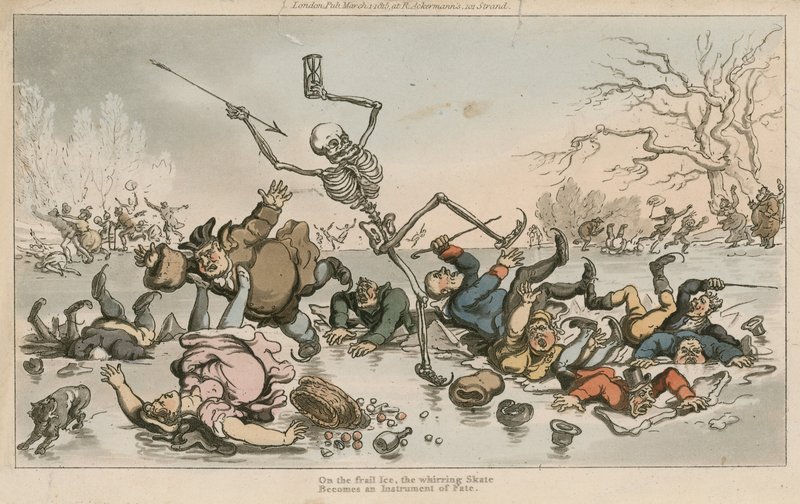 På den bräckliga isen blir den snurrande skridskoåkningen ett ödesinstrument. av Thomas Rowlandson
