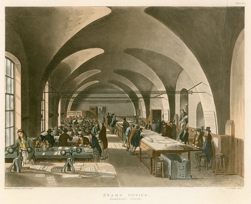 Frimärkskontoret, Somerset House, Strand, London av Thomas Rowlandson