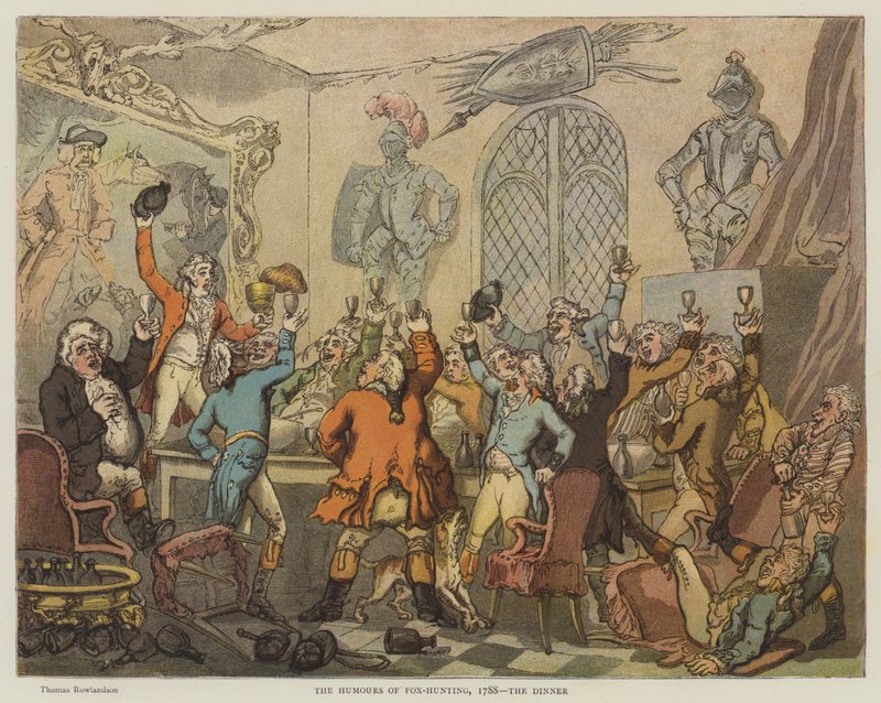 Rävjaktens humor, 1788, middagen (chromolitho) av Thomas Rowlandson