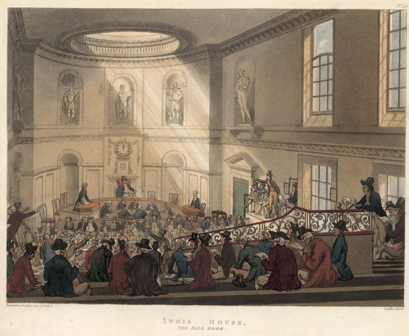 Försäljningsrummet, East India House av Thomas Rowlandson