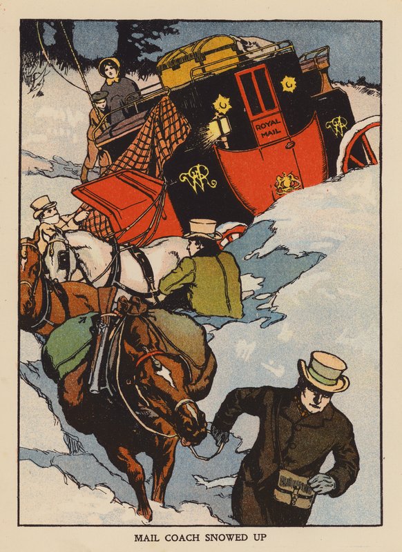 Postvagn snötäckt (färglitografi) av Thomas Somerfield