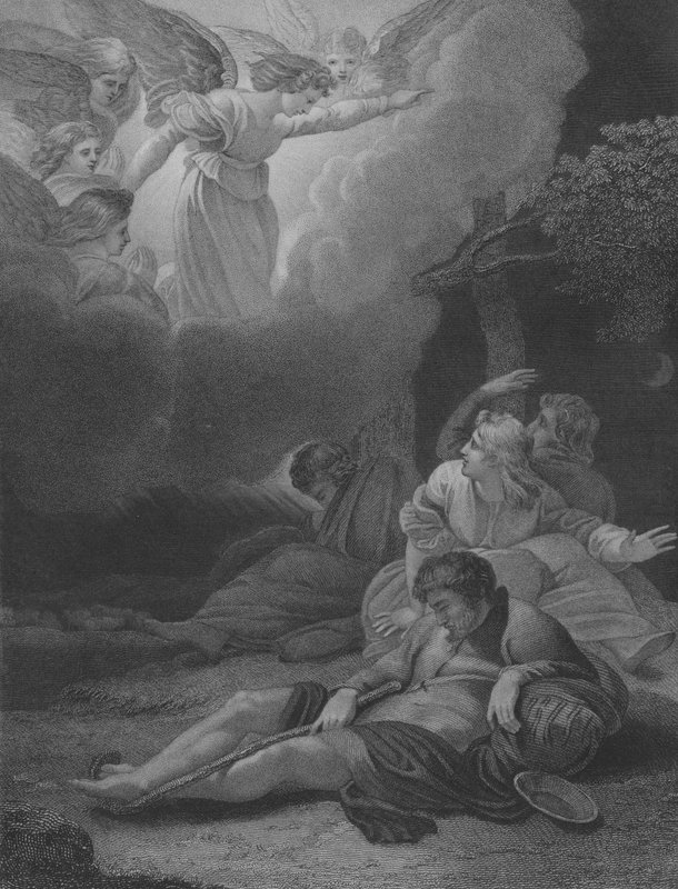 Änglarna som visar sig för herdarna, Lukas 2, vers 8-21 av Thomas Stothard