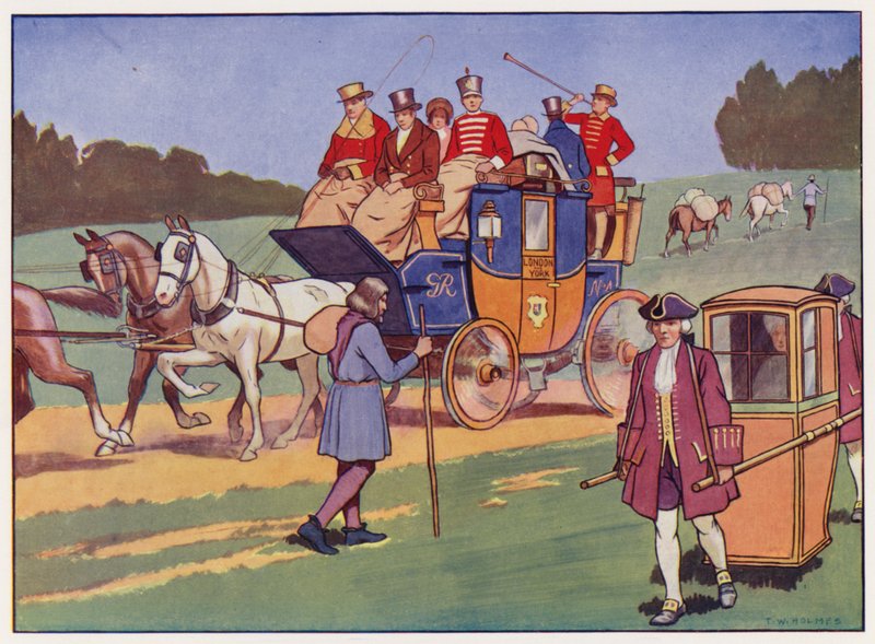 Coach-and-fyra, sedanstol och packhästar (färg litho) av Thomas William Holmes