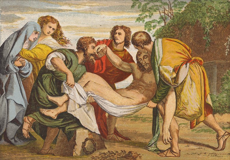 Josef av Arimathaea lägger Jesu kropp i sin egen grav (färglitografi) av Titian (c.1488-1576) (after)