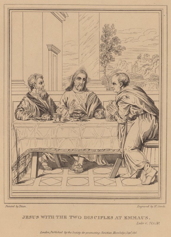 Jesus med de två lärjungarna i Emmaus, Luk av Tiziano Vecelli