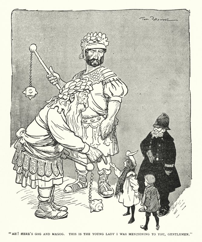"Ah! Här är Gog och Magog, det här är den unga damen jag nämnde för er, mina herrar" (litho) av Tom Browne