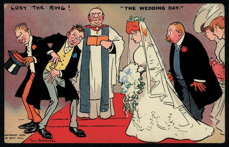 Brudgum och bästa man kan inte hitta ringen på ett bröllop (chromolitho) av Tom Browne