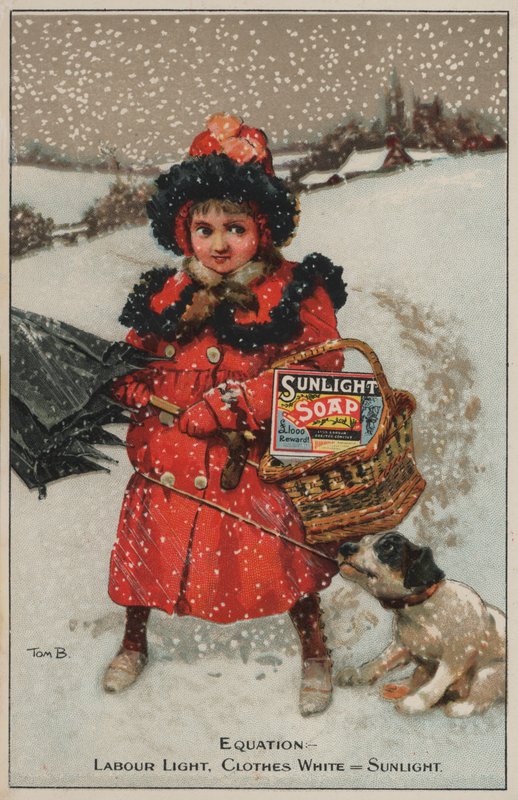 Flicka som går hem i snön: reklam för Sunlight-tvål (chromolitho) av Tom Browne