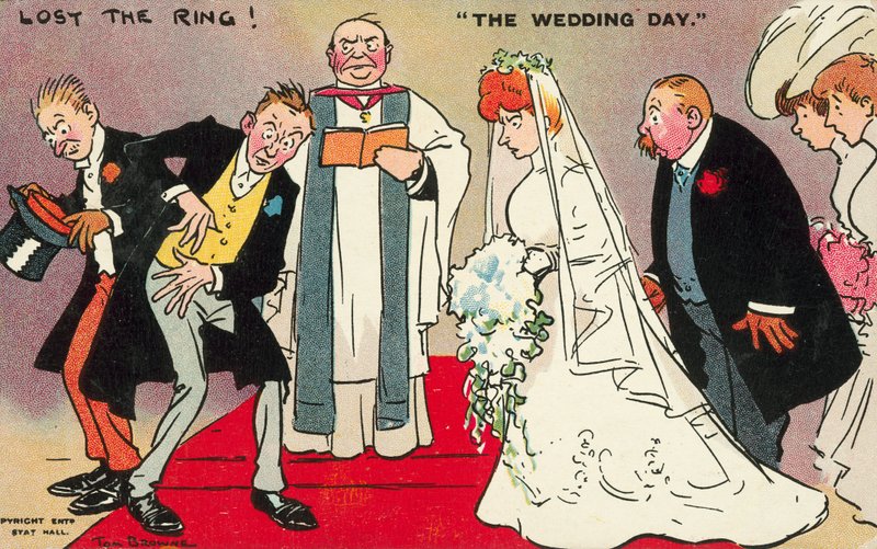 Brudgummen och hans bäste man kan inte hitta ringen på bröllopsdagen (färg litho) av Tom Browne