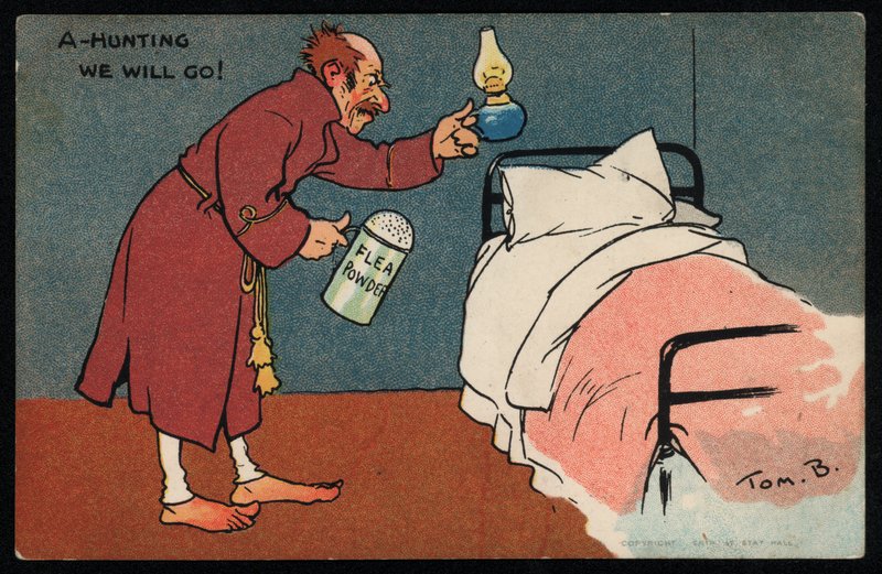 Man som jagar loppor i sin säng (chromolitho) av Tom Browne