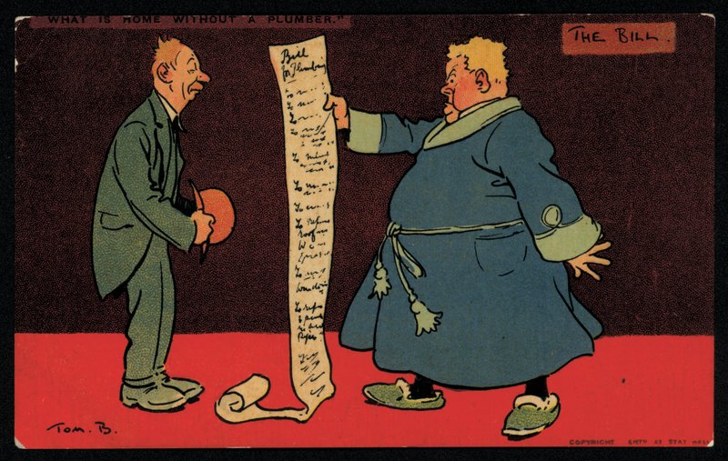 Man läser en lång räkning från sin rörmokare (chromolitho) av Tom Browne