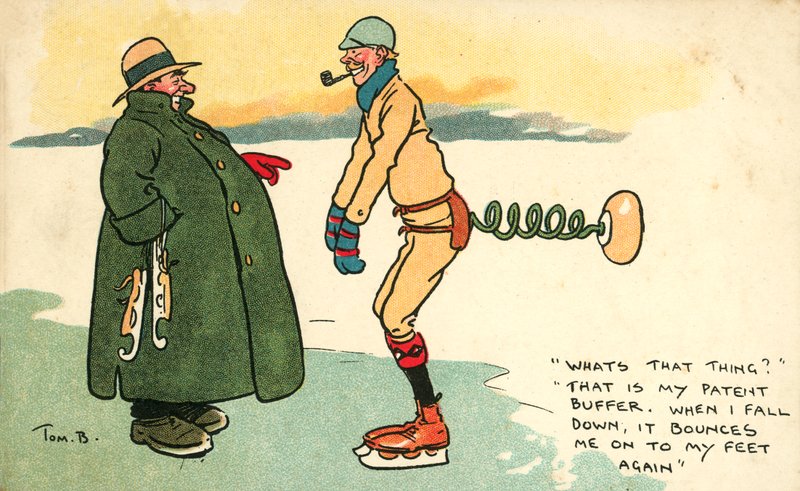Man med en anordning för att få honom på fötter om han ramlar när han åker skridskor (färg litho) av Tom Browne