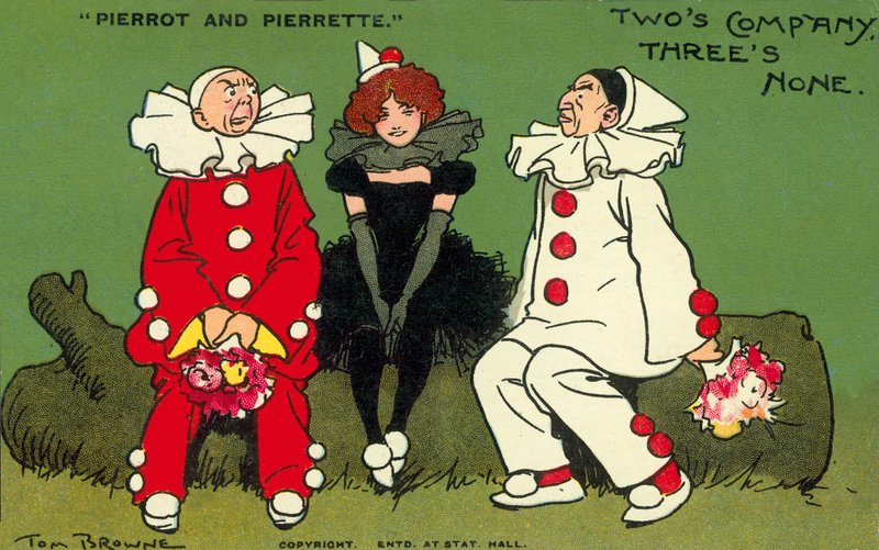 Pierrot och Pierrette (färglitografi) av Tom Browne