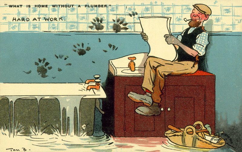 Rörmokare, hårt på jobbet (chromolitho) av Tom Browne