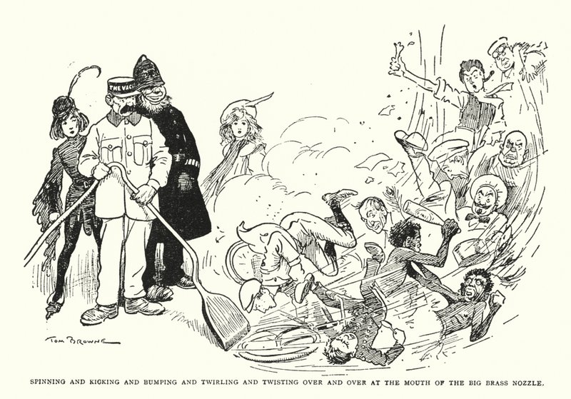 Snurra och sparka och stöta och snurra och vrida om och om igen vid mynningen av det stora mässingsmunstycket (litho) av Tom Browne