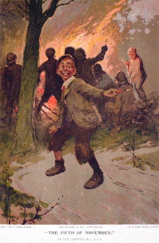 Den femte november, upphetsad pojke på Bonfire Night (färg litho) av Tom Browne