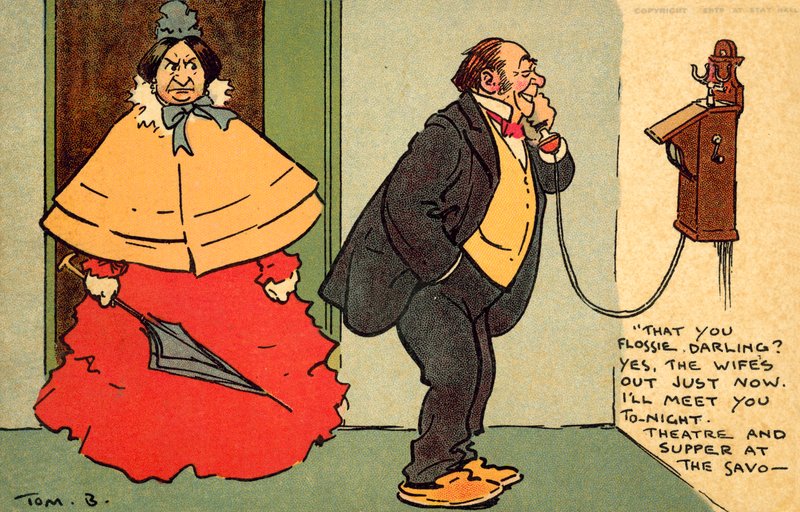 Teater och kvällsmat på Savoyen (chromolitho) av Tom Browne