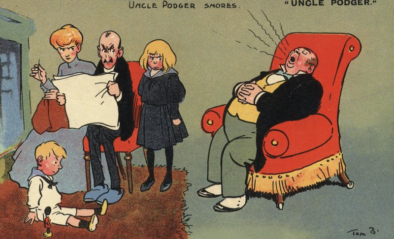 Farbror Podger snarkar (litho i färg) av Tom Browne