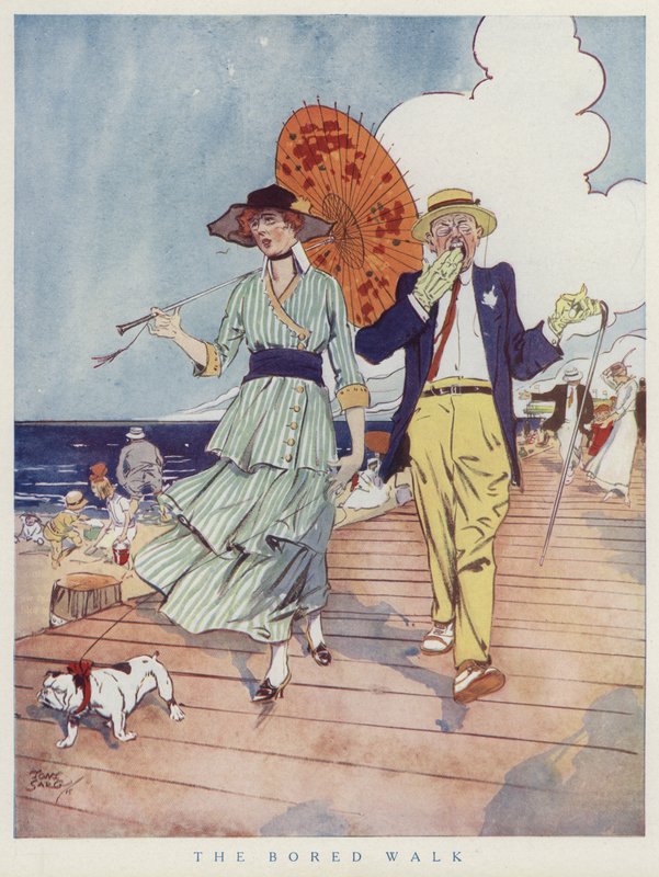 Par på strandpromenaden, uttråkade av varandras sällskap (färg litho) av Tony Sarg