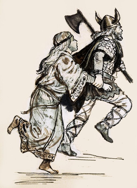 Kvinna som släpas iväg av en vikinganfallare (gouache på papper) av Unbekannt