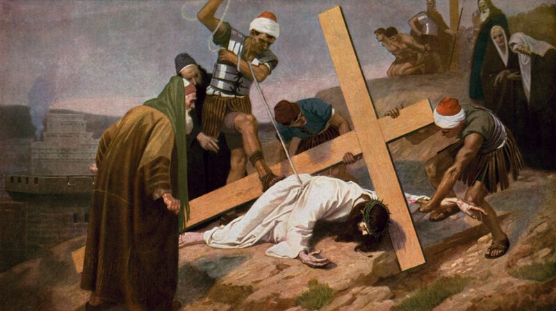 Jesus faller för tredje gången när han bär sitt kors av Unbekannt Unbekannt