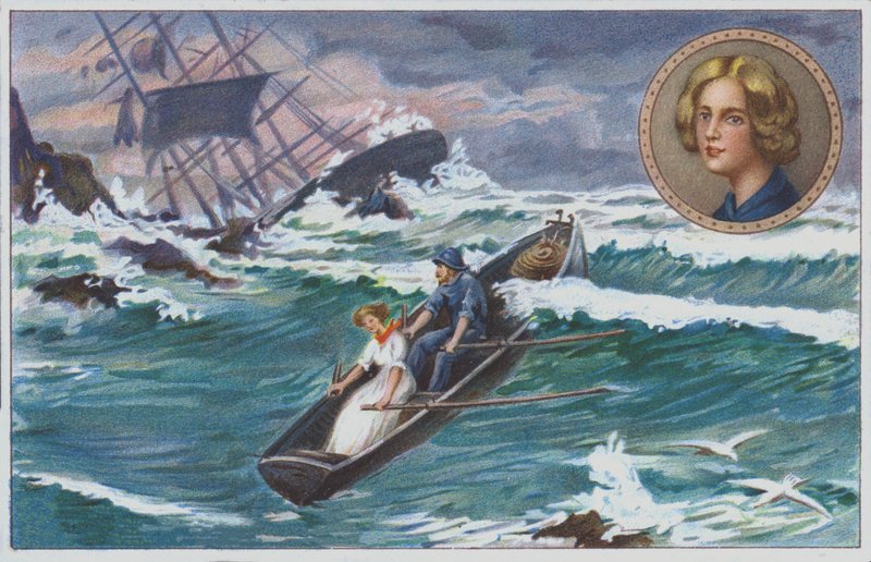 Grace Darling rodde ut med sin far för att rädda överlevande från det skeppsbrutna fartyget "Forfarshire" 1838. (chromolitho) av Unknown artist